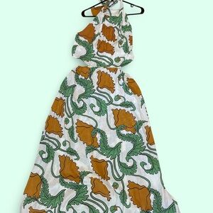 Chic Halter Maxi Dress with Green and Orange Floral Design sundress / sun dress